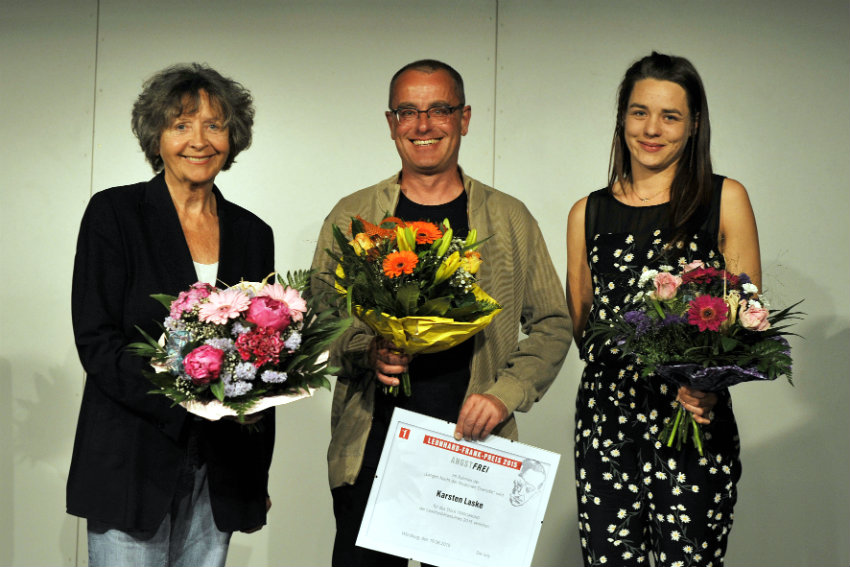 Die Autoren der Langen Nacht der Modernen Dramatik 2015, Angelika Waldis, Karsten Laske (Preisträger) und Livia Huber (v.l.n.r.)