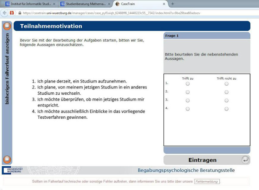 Screenshot der Webseite mit dem Selbsttest. (Grafik: Uni Würzburg)