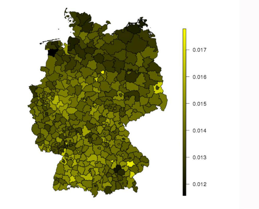 Die Grafik zeigt, wie sich die Kaufkraft der Bürger in den deutschen Landkreisen durch TTIP in einem Szenario mit maximaler Liberalisierung verändern könnte: Alle Kreise profitieren. Je heller die Färbung, umso höher der Kaufkraftgewinn, ausgedrückt in Prozentwerten (Grafik: Oliver Krebs / Michael Pflüger)